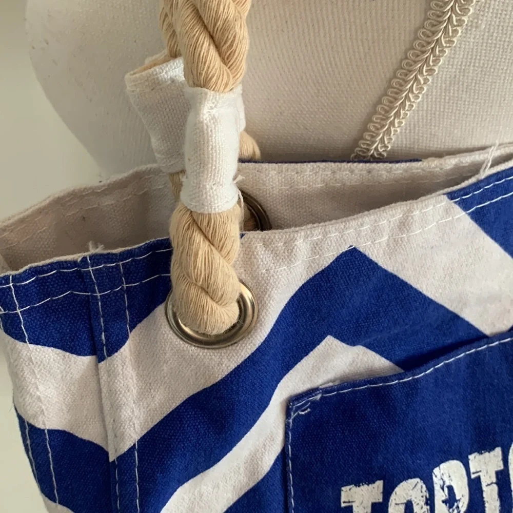 Tortola British Virgin Islands Royal Blue and White Chevron Tote w/ Rope Straps